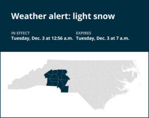 Weather alert issued for light snow in central North Carolina until Tuesday morning