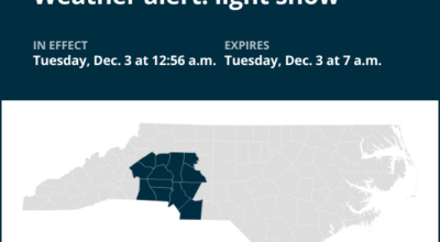 Weather alert issued for light snow in central North Carolina until Tuesday morning