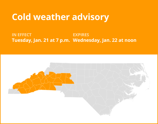 Central North Carolina under a cold weather advisory until Wednesday midday