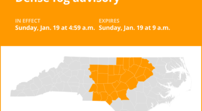 Dense fog advisory affecting central North Carolina until Sunday morning