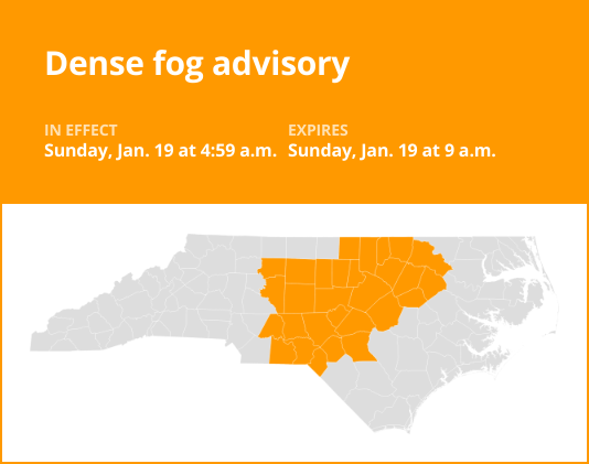 Dense fog advisory affecting central North Carolina until Sunday morning