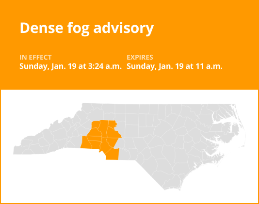 Dense fog advisory for central North Carolina until Sunday midday