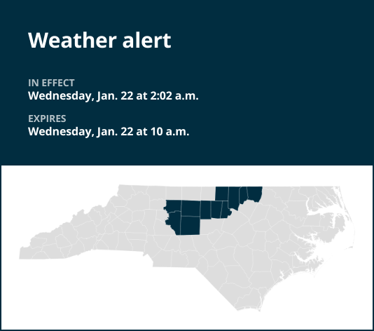 Special weather statement for central North Carolina until Wednesday morning