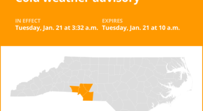 Update: Cold weather advisory for central North Carolina until Tuesday morning