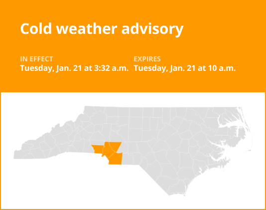 Update: Cold weather advisory for central North Carolina until Tuesday morning