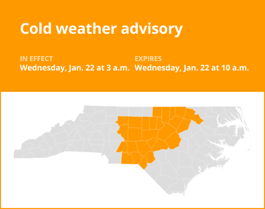 Update: Cold weather advisory issued for central North Carolina for Wednesday