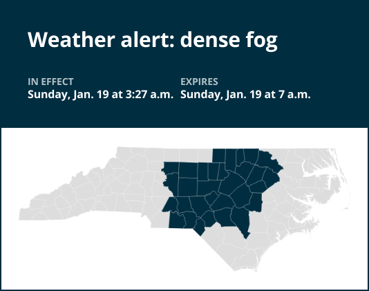 Update: Weather alert for dense fog in central North Carolina until Sunday morning