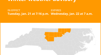 Winter weather advisory affecting central North Carolina until Wednesday morning