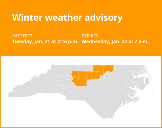 Winter weather advisory affecting central North Carolina until Wednesday morning