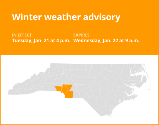 Winter weather advisory issued for central North Carolina until Wednesday morning – up to 2 inches of snow